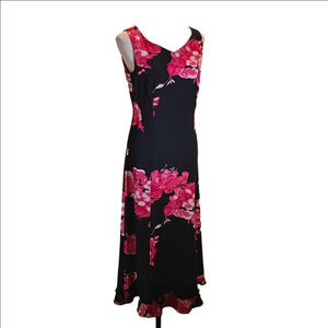 Studio I Maxi Dress Black & Pink Floral Ruffled Hem Sleeveless Women Size 6